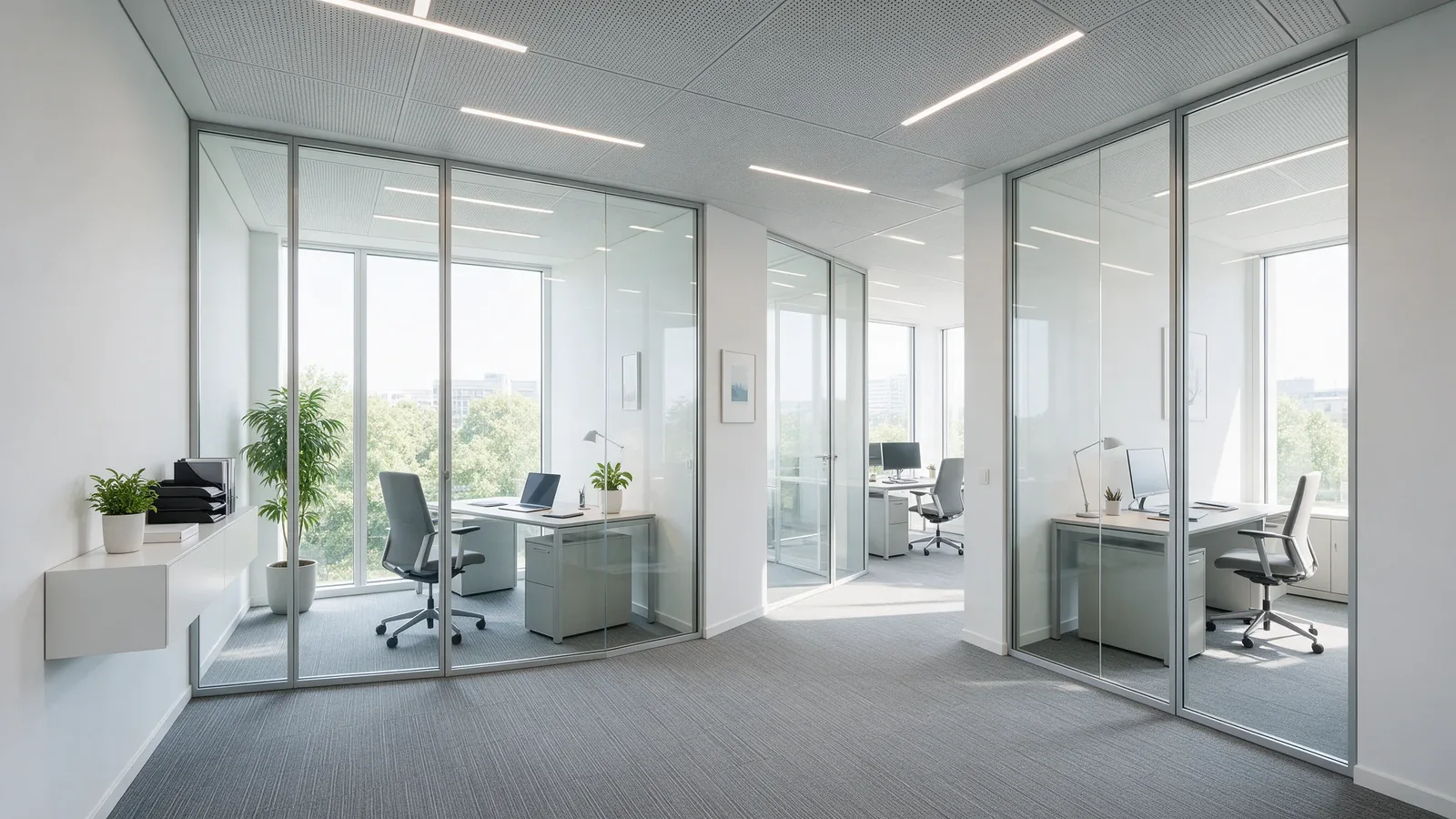 Büroausbau mit Glastrennwänden, Trockenbauwänden und Akustikdecke