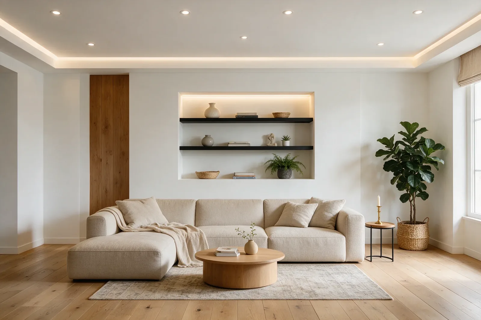 Innenausbau mit abgehängter Decke, LED-Spots und beleuchteter Wandnische