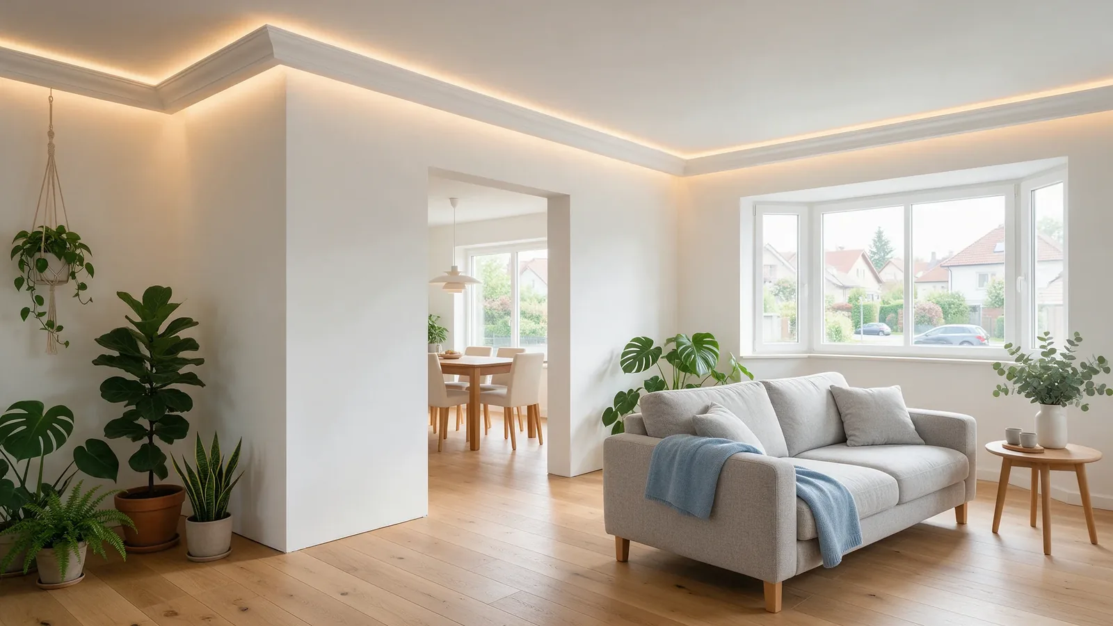 Renoviertes Wohnzimmer mit neuer Trennwand und indirekter Deckenbeleuchtung